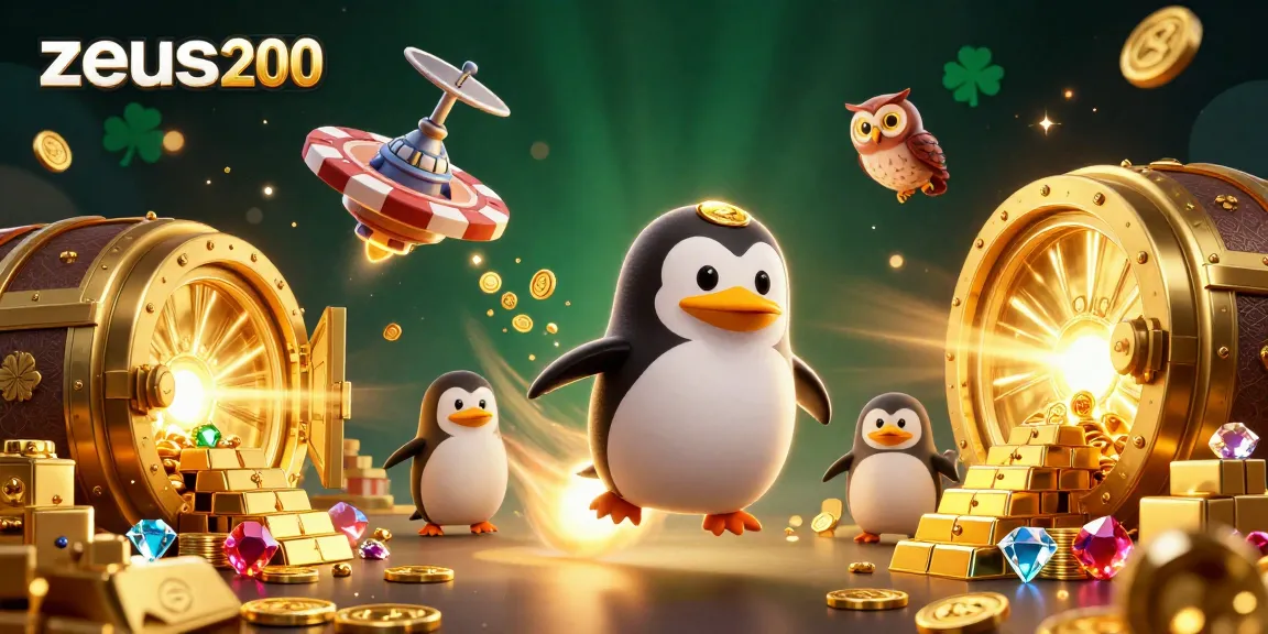 zeus200 menyajikan ilustrasi kasino yang menakjubkan dengan penguin emas dan elemen permainan yang kaya.