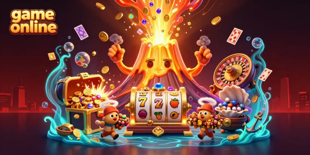 Engage with the thrilling game online scenario featuring a volcano with treasures, spins, and casino elements.