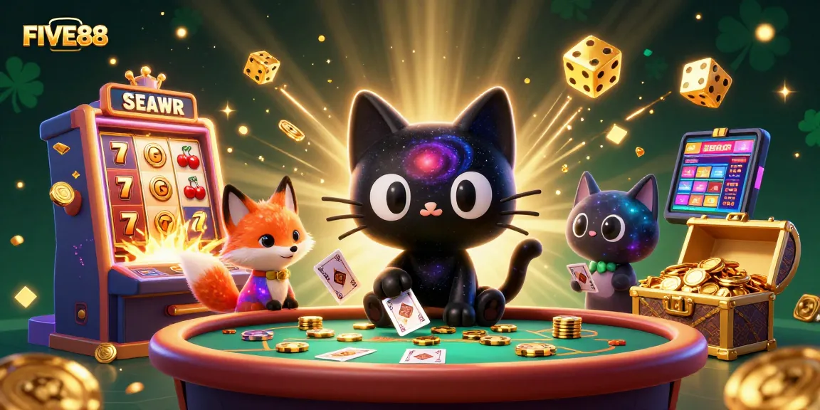 Experience excitement at FIVE88 with a captivating cosmic casino scene featuring slots and vibrant characters.