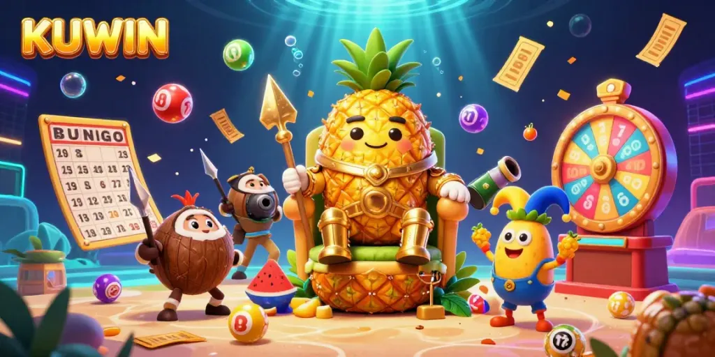 Kuwin interactive 3D casino scene showcasing vibrant elements like lottery balls and jackpots for an exciting gaming experience.