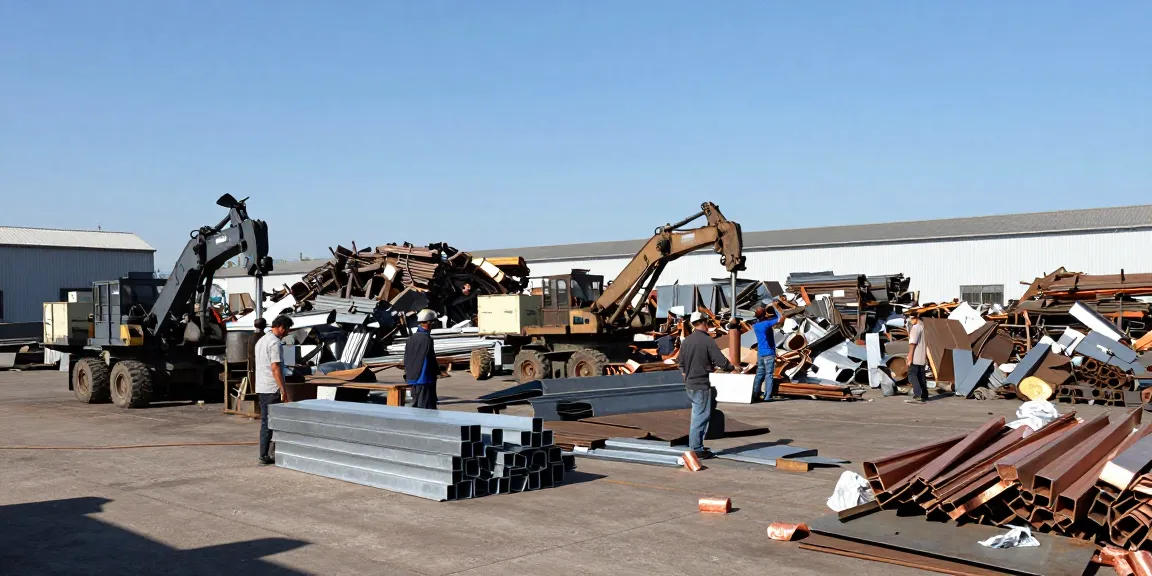 Proses pengolahan logam bekas di https://www.scrapsolutionplace.com/, menampilkan pekerja yang memisahkan berbagai jenis besi dan aluminium.