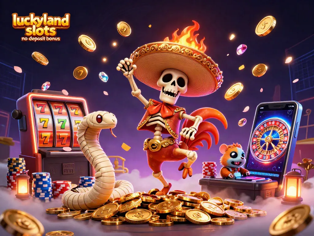 Spin and win with your luckyland slots no deposit bonus featuring vibrant characters and rich gaming elements.