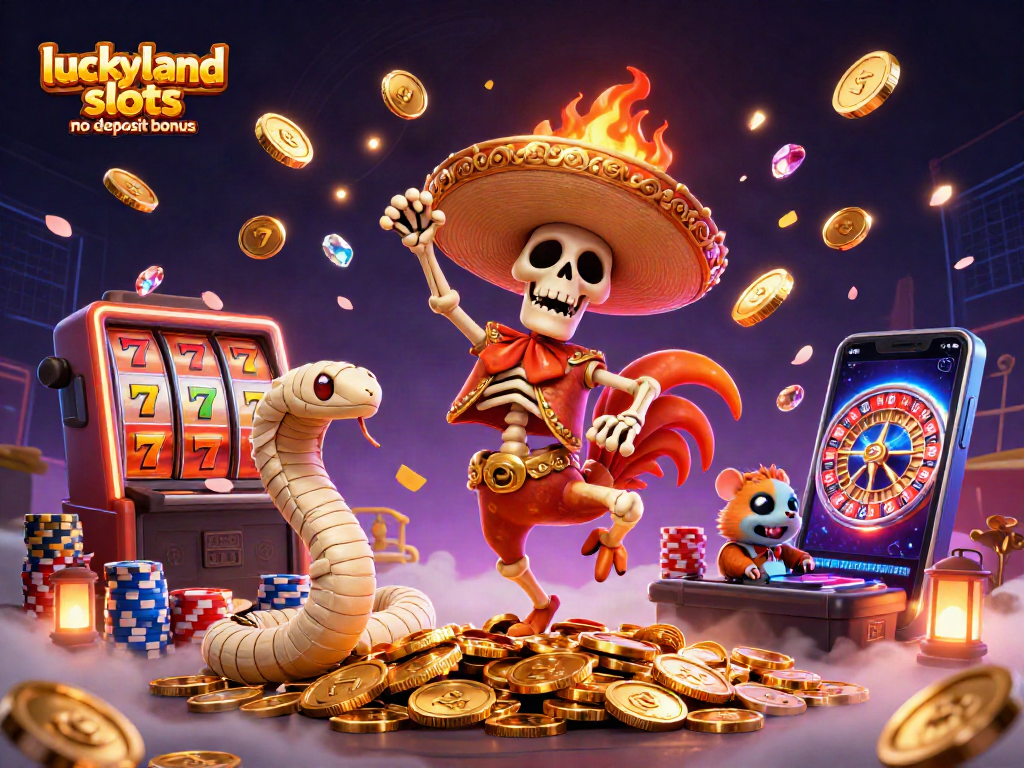 Spin and win with your luckyland slots no deposit bonus featuring vibrant characters and rich gaming elements.