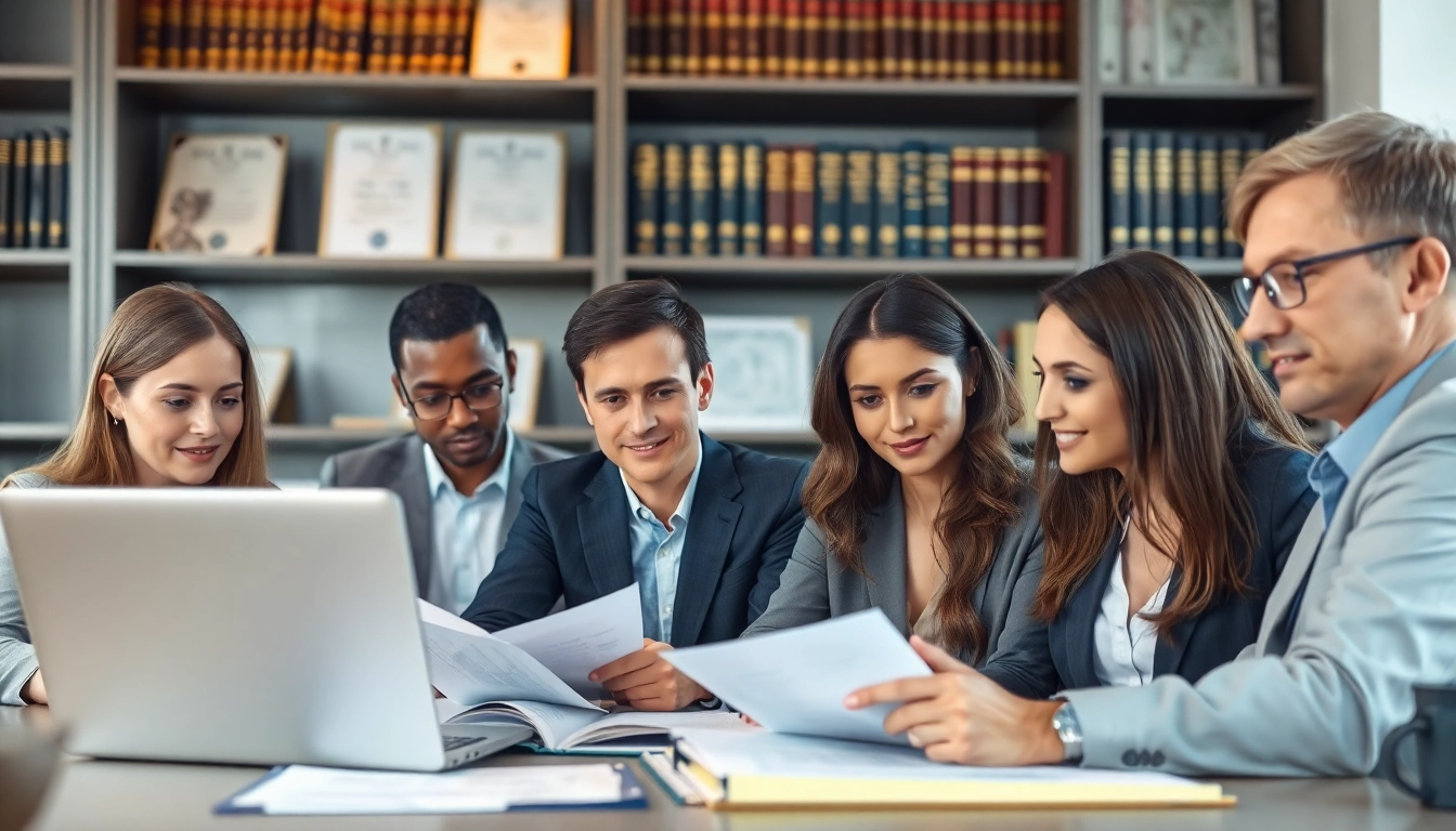 Find experienced lawyers near me in a modern law office, collaboratively discussing cases.