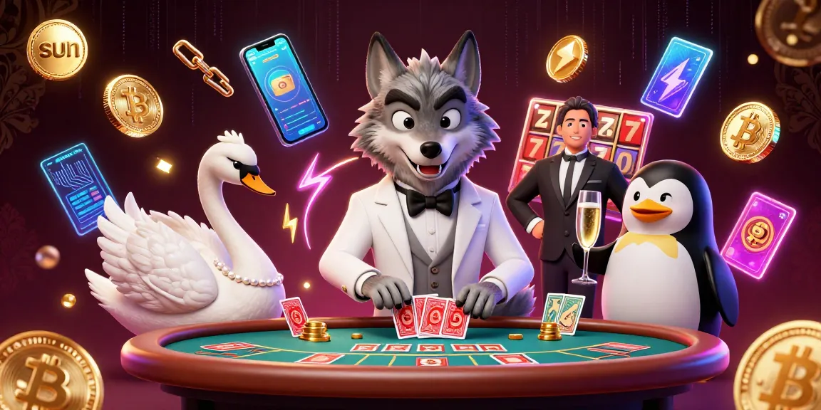 Engage with sun-themed casino excitement as the wolf plays baccarat amidst vibrant crypto elements.