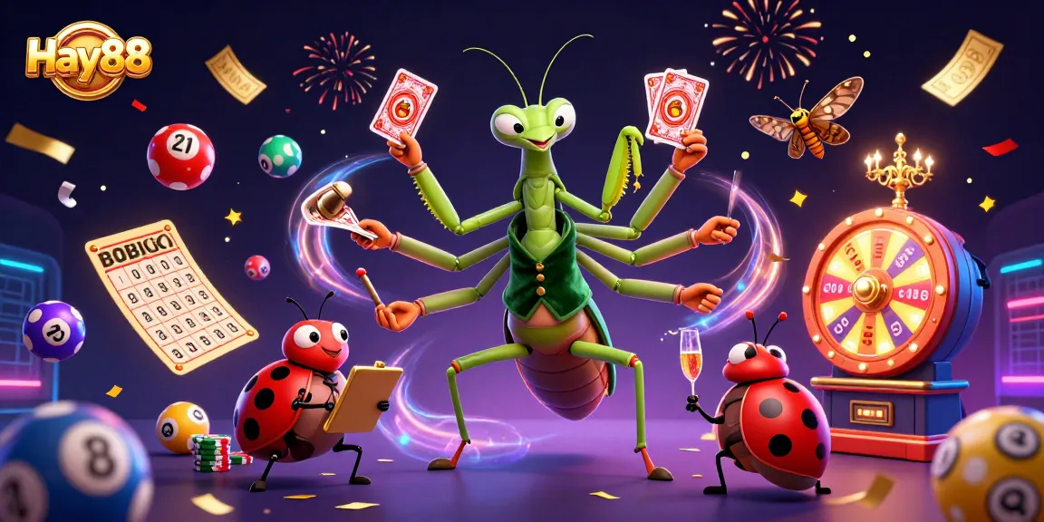A vibrant illustration spotlighting Hay88's exciting casino atmosphere with lively characters, lottery elements, and festive decorations.