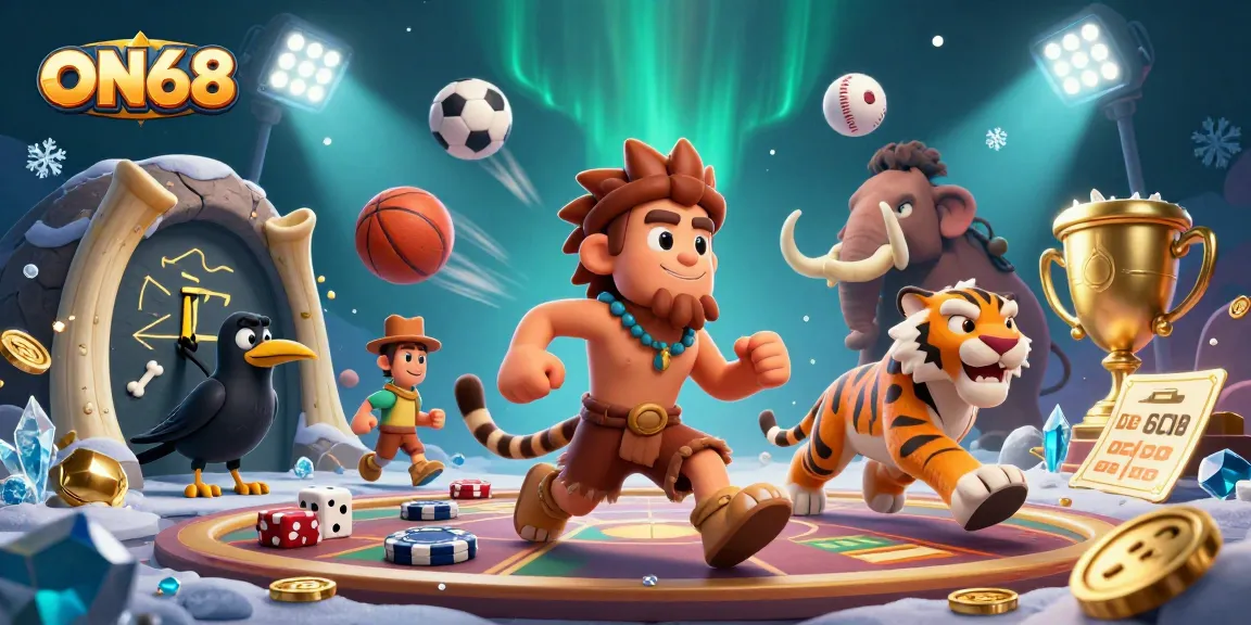 Experience thrilling gameplay at ON68 with a dynamic 3D casino illustration featuring unique characters and sports elements.