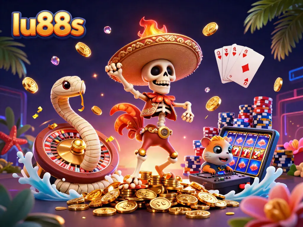 Experience exciting gaming at lu88s with dynamic characters dancing on golden coins in a lively casino scene.