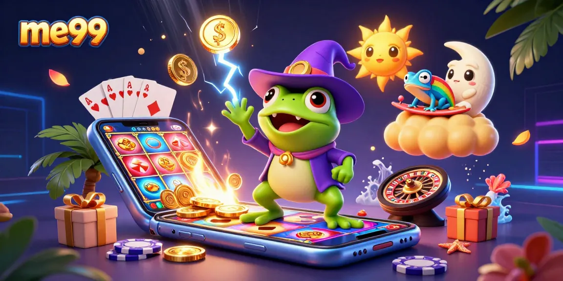 Experience the thrill of me99 with a vibrant scene of 3D characters and casino elements.