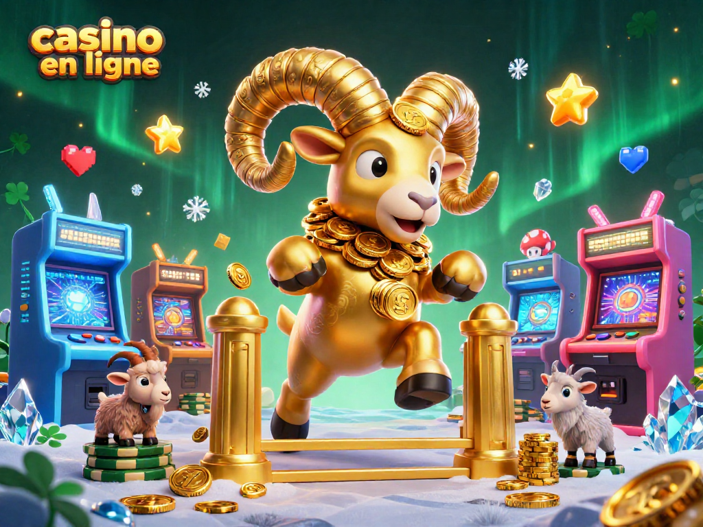 Explorez le casino en ligne avec un majestueux bélier d'or entouré de machines de jeu colorées et de cristaux étincelants.
