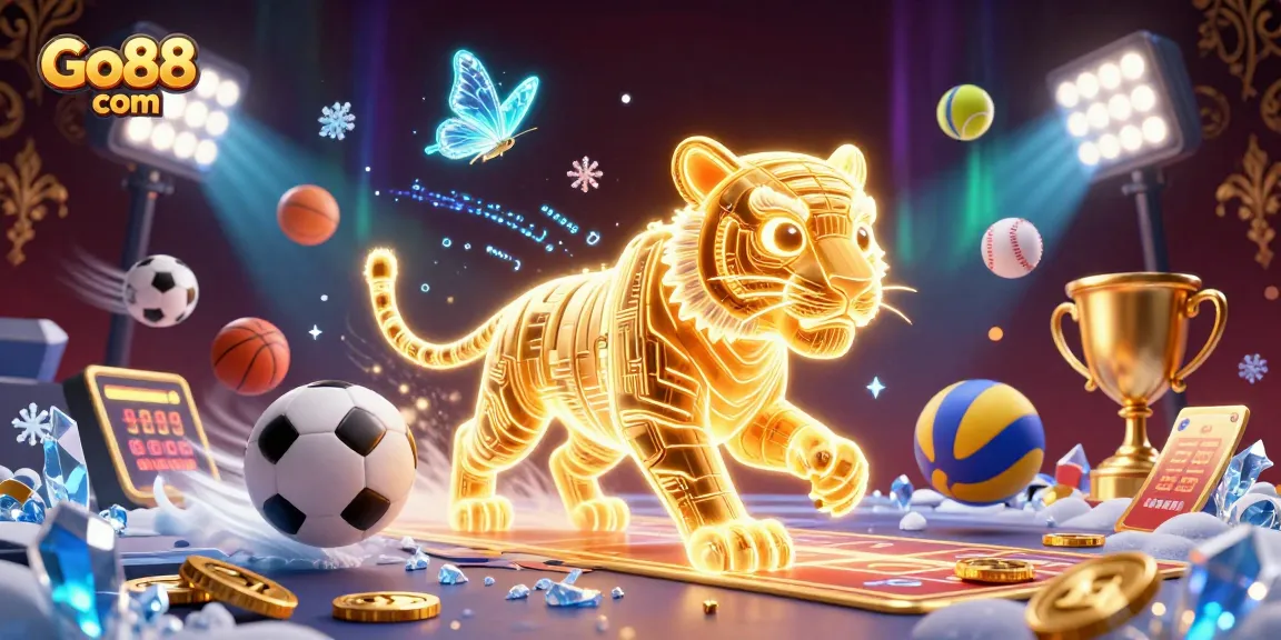 Play exciting games at Go88 com with neon-wireframe tiger and vibrant casino elements