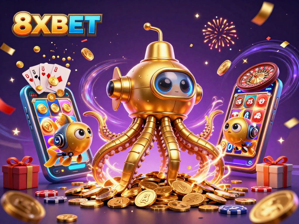 Play rich slot games with 8XBET's vibrant casino-inspired 3D illustration featuring immersive characters and elements.