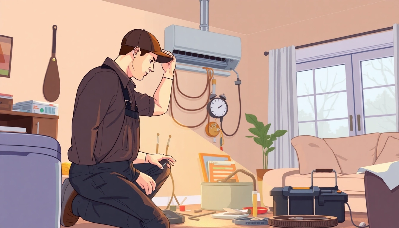 HVAC repair north salem showcasing a technician fixing a heating unit in a cozy home setting.