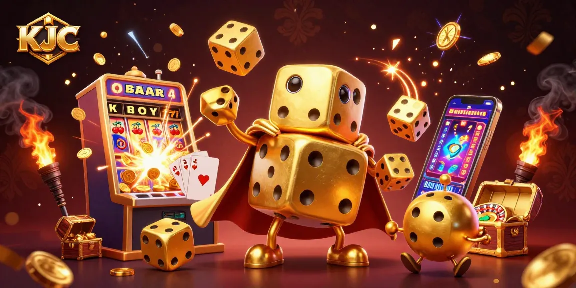 KJC players experience thrilling gaming moments with a golden dice golem amidst a jackpot explosion.