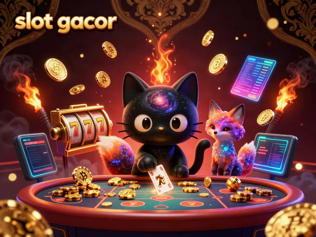 Slot gacor yang menarik dengan kucing hitam galaksi dan rubah nebula di meja kasino kosmik.