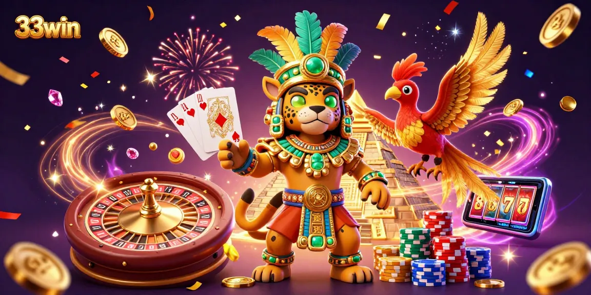 Experience thrilling wins at 33win with a vibrant 3D casino scene filled with lucky symbols and excitement.
