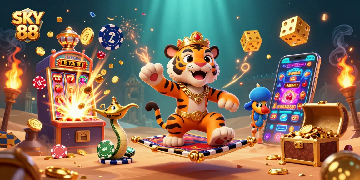Experience excitement with SKY 88 slot jackpots amidst a dazzling casino scene.