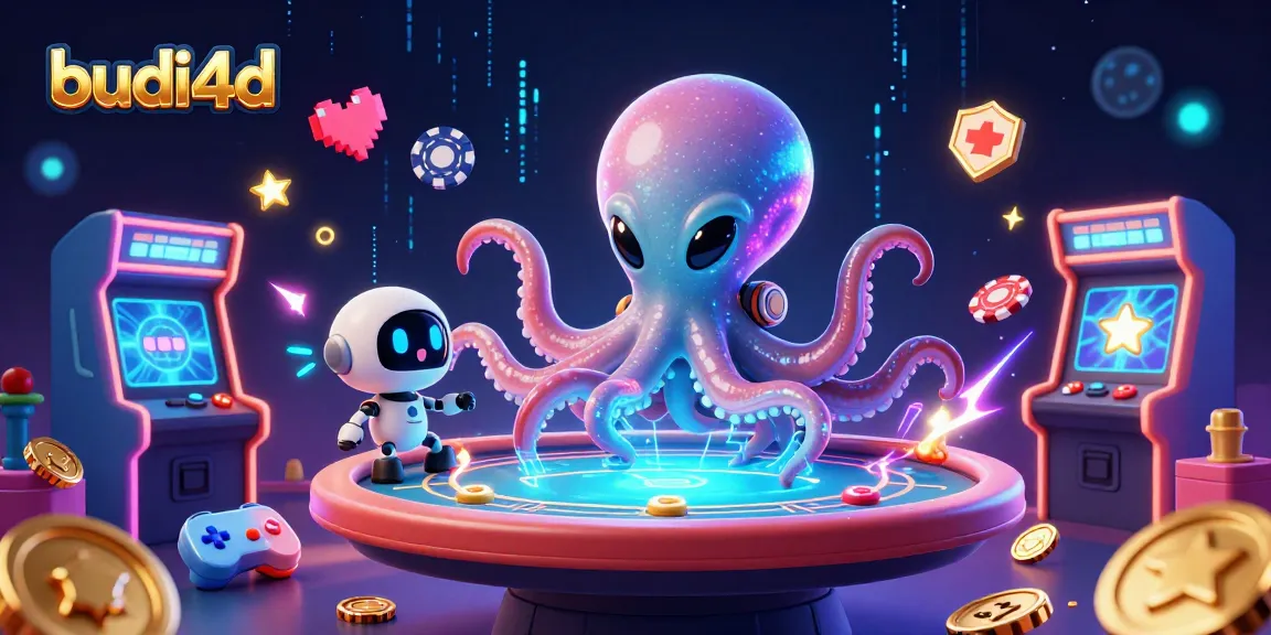 Engage with budi4d in vibrant casino space featuring a whimsical alien octopus managing a holographic poker table.