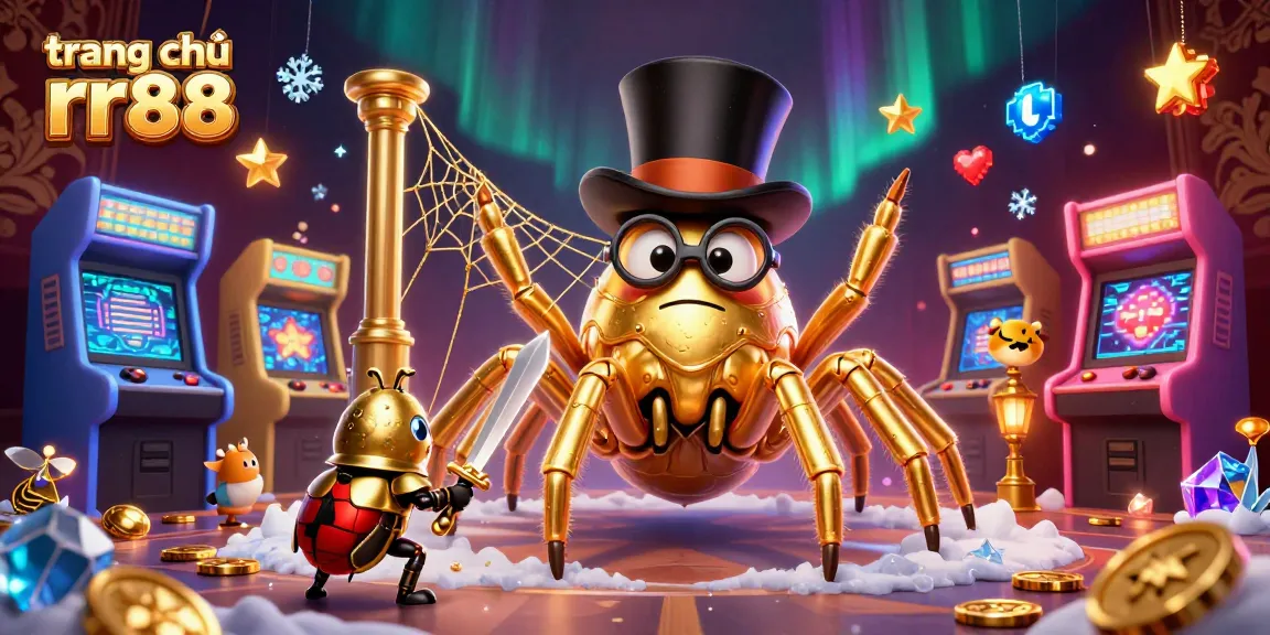 Experience the excitement on trang chủ rr88 with a dynamic 3D cartoon casino illustration featuring a golden tarantula and beetle knight.