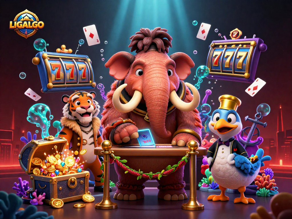 LIGALGO showcases a vibrant casino scene with cartoon animals and dynamic gambling elements.