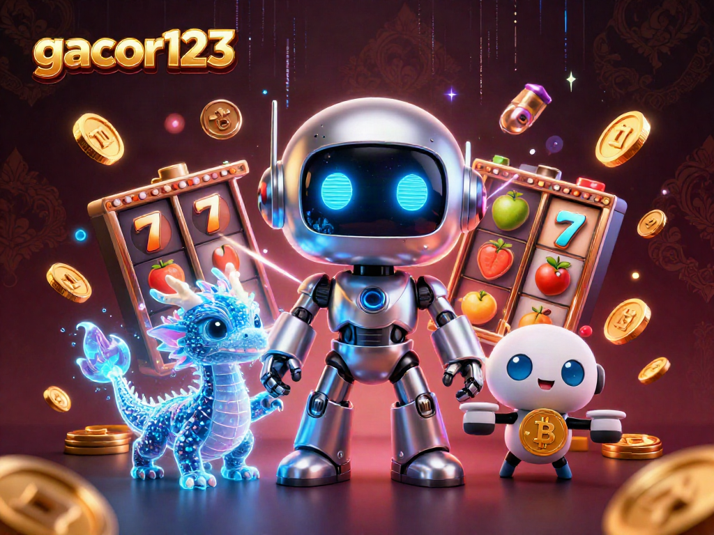 Play slots with gacor123 in a vibrant scene featuring a cyberpunk robot and shiny jackpot symbols.