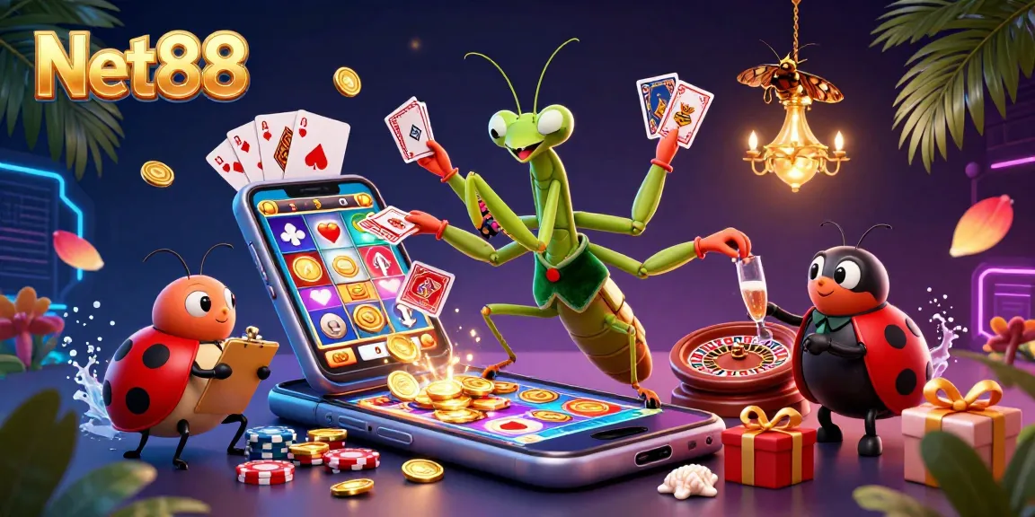 Engage in thrilling gaming with Net88, featuring a vibrant casino scene with animated characters.
