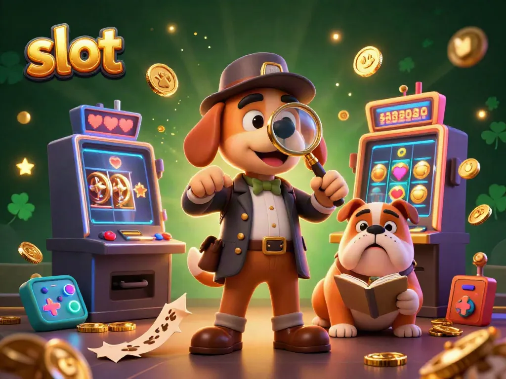 Detective bloodhound and bulldog companion investigate a slot machine jackpot, surrounded by gaming elements.