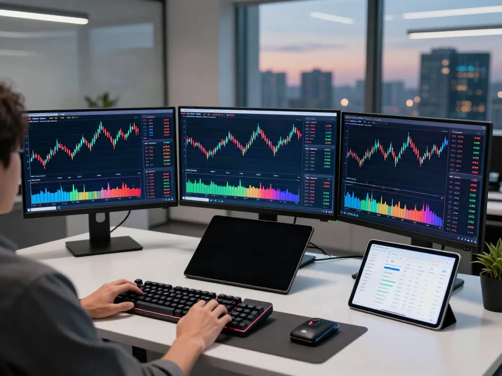 Trading workspace showcasing 港股API market data alongside cryptocurrency charts and digital wallets in a modern office.