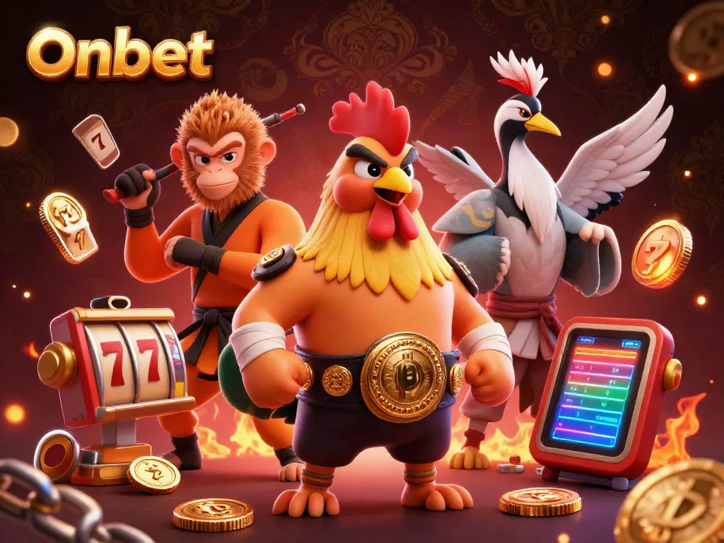 Engage with Onbet's vibrant 3D casino scene featuring a Muay Thai rooster, Shaolin monkey, and crane master amidst animated gambling elements.