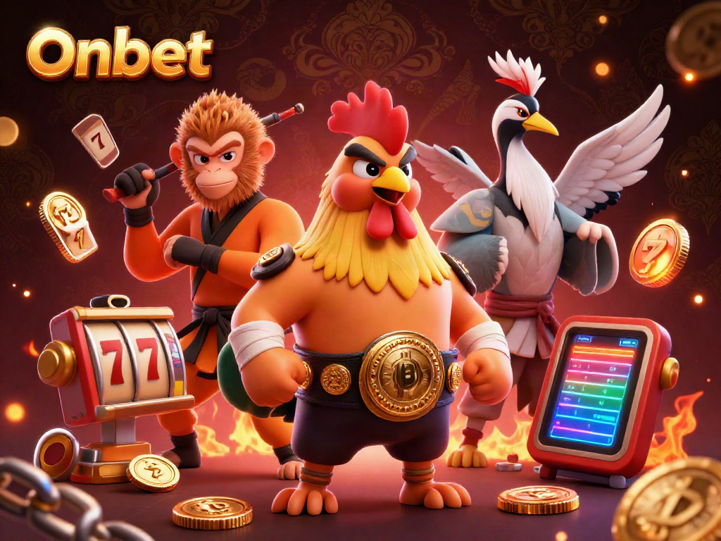 Engage with Onbet's vibrant 3D casino scene featuring a Muay Thai rooster, Shaolin monkey, and crane master amidst animated gambling elements.