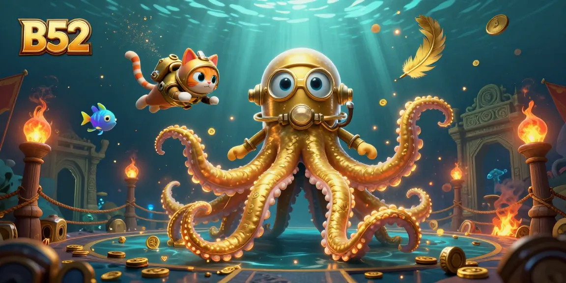 B52 gamblers dive into the excitement of slots with golden treasures and a kraken-themed adventure.