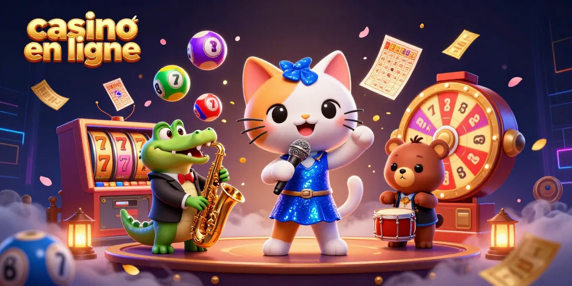 Célébrez le casino en ligne avec des personnages animés chantant, jouant de la musique et des éléments de jeu colorés autour d'eux.