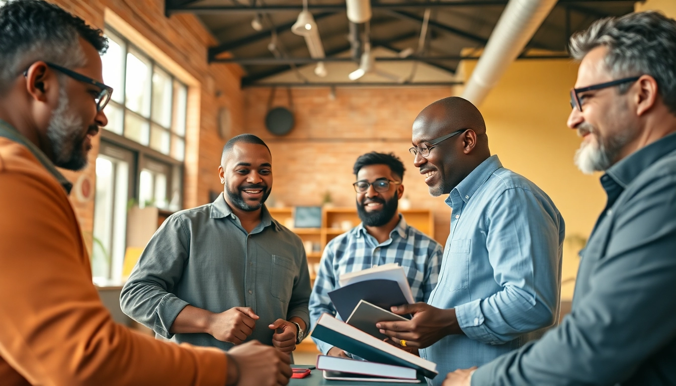 Men on mission collaborating in a community center, fostering support and mentorship.