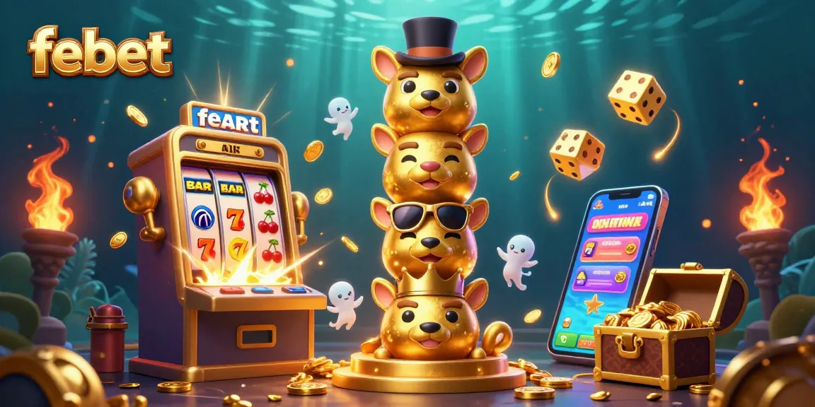 Experience the excitement of playing at febet, illustrated with vibrant gambling symbols and dynamic casino elements.