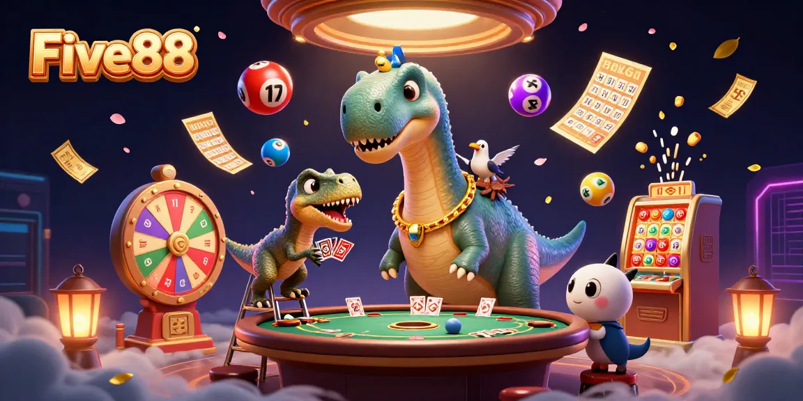 Experience Five88 with an engaging 3D casino scene featuring vibrant lottery elements and characters.