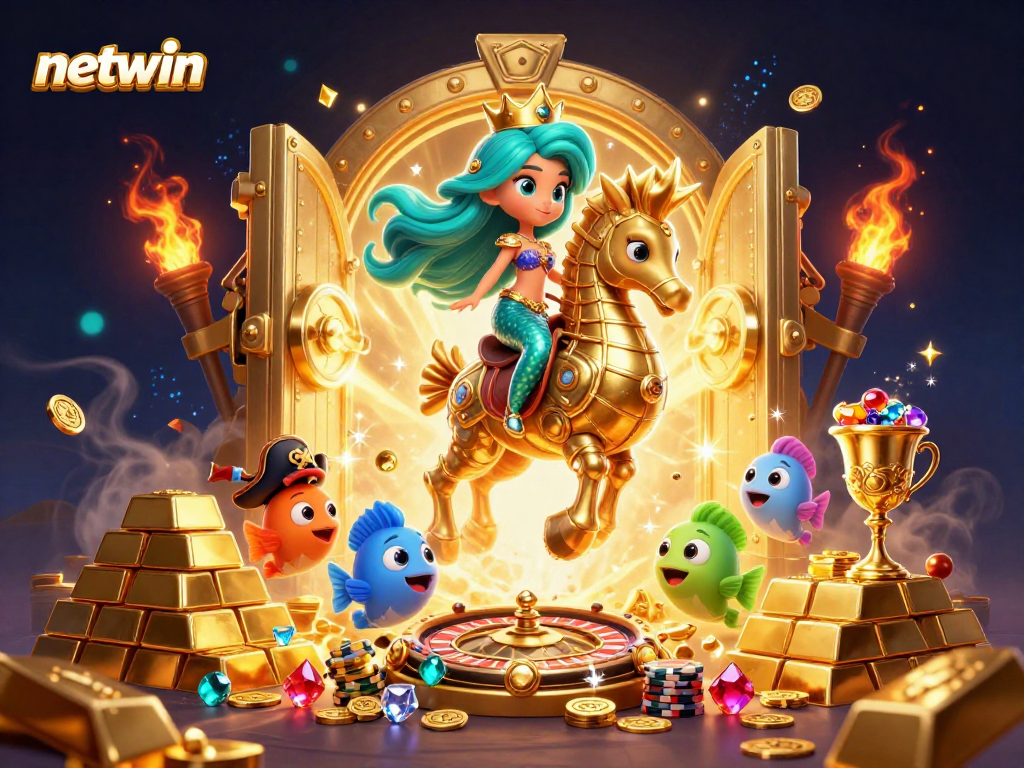 Engage with netwin's thrilling adventures featuring a mermaid and seahorse in a vibrant underwater casino setting.