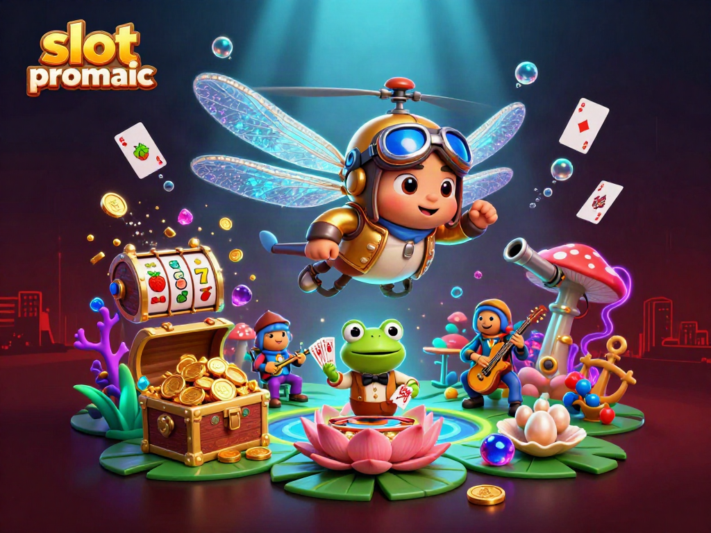Experience the excitement of slot pragmatic with vibrant 3D illustrations of dragonfly pilots, frog croupiers, and lively games.