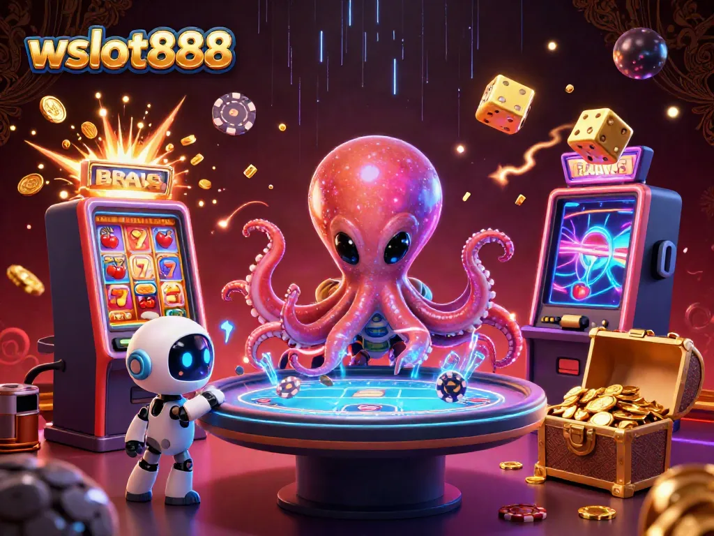 Permainan online wslot888 dengan alien, chip poker, dan mesin slot imersif yang penuh keberuntungan.