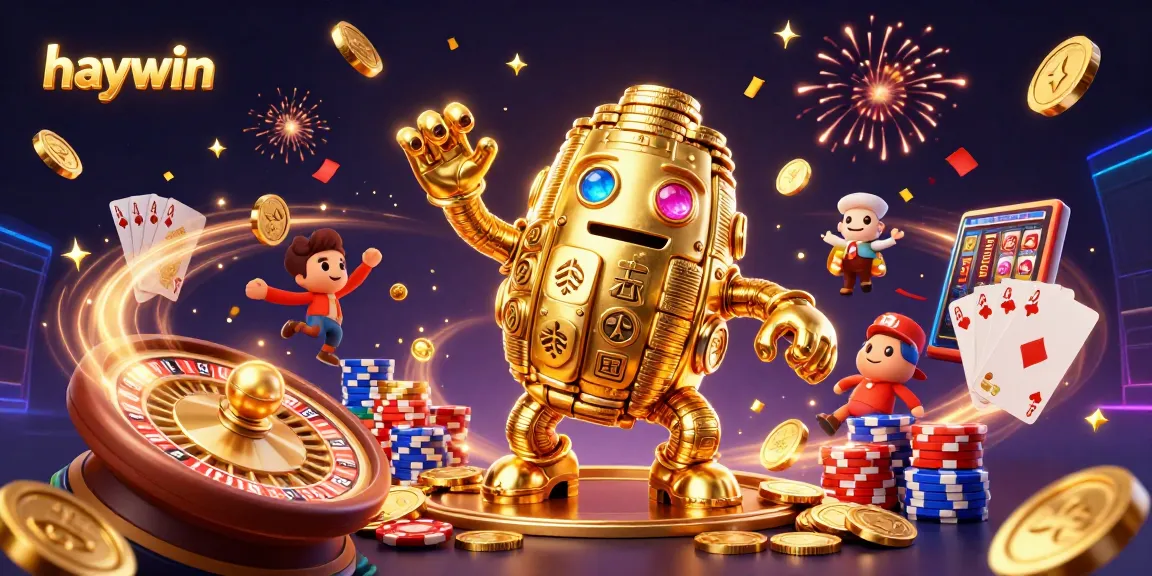 Spin and win at haywin's casino with vibrant golden golem and royal flush display.