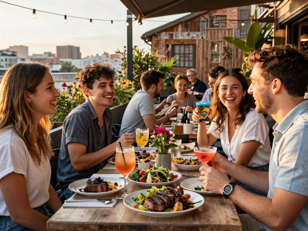 Al fresco dining experience at bedfordsocialclub.com with friends enjoying gourmet dishes in a lively atmosphere.
