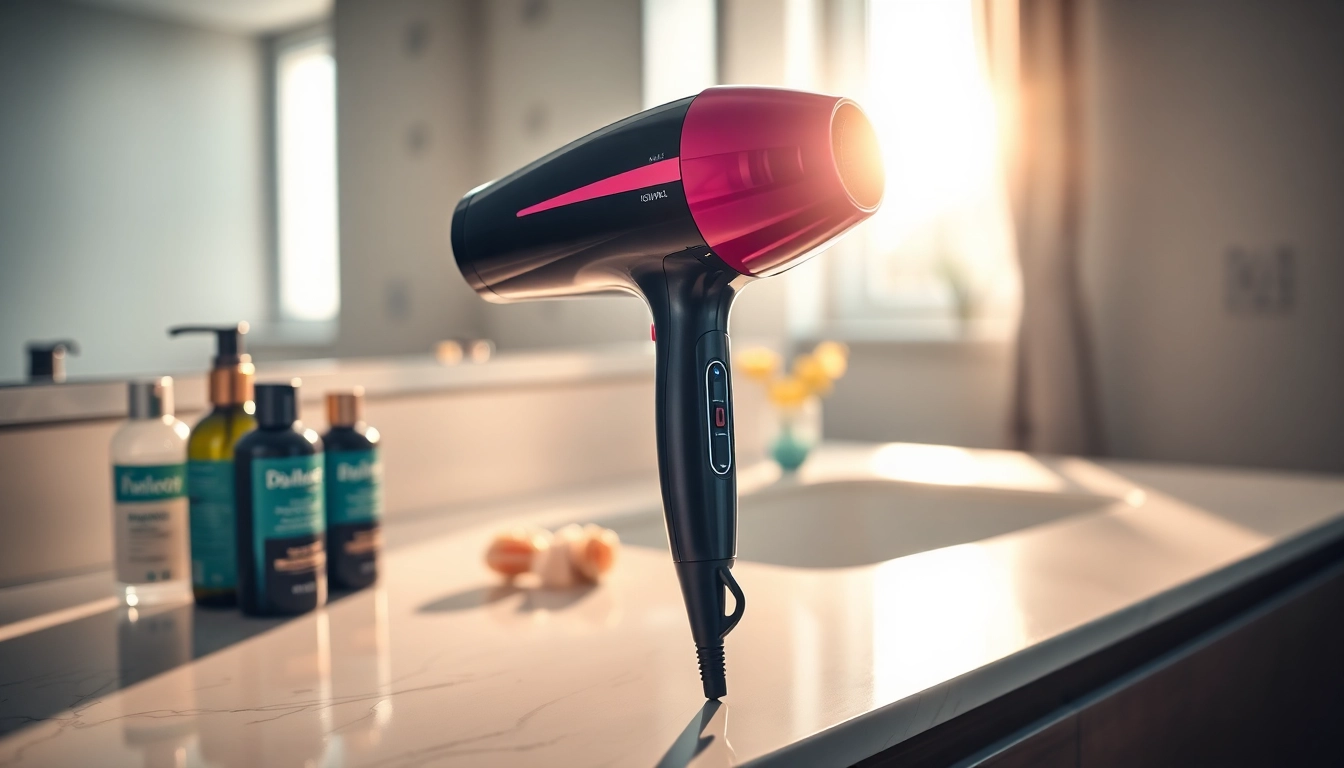 Promote Laifen US premium hair dryers with luxurious bathroom setting, highlighting elegance and design.