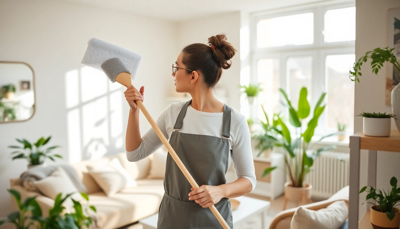 House cleaning Whangarei professional cleaner dusting a beautifully organized living room with natural light.