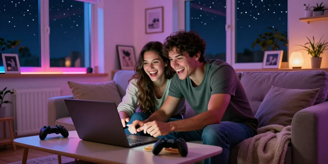 Couple enjoying real sex games together in a cozy, vibrant gaming space.