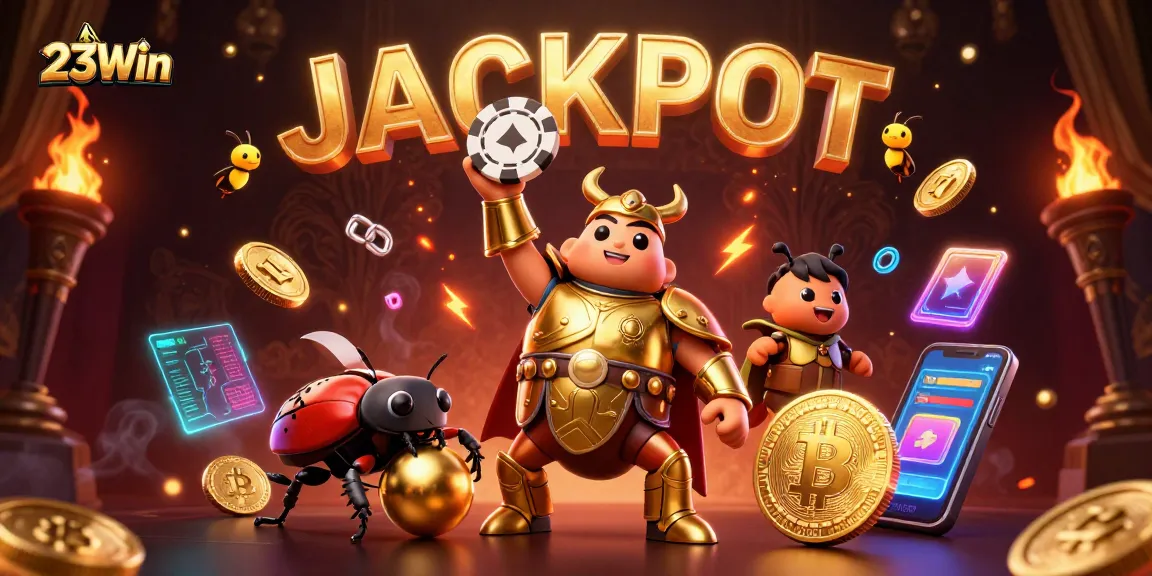 Experience the thrill of 23Win with a victorious beetle and jackpot elements in a vibrant casino scene.