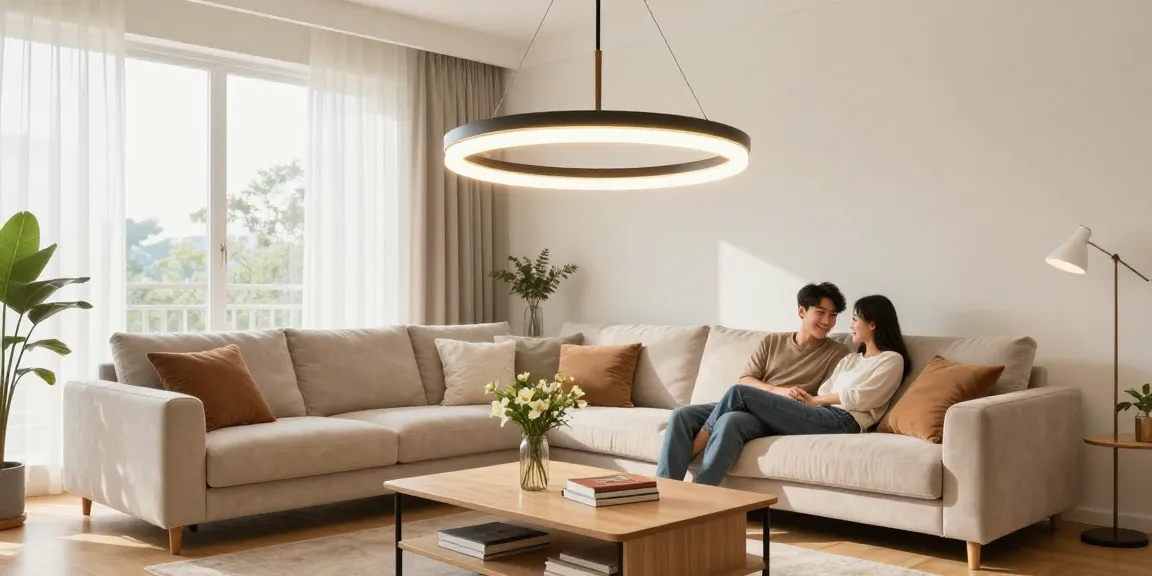 Lustra living modernă în cameră primitoare, cu couple relaxându-se pe canapea.