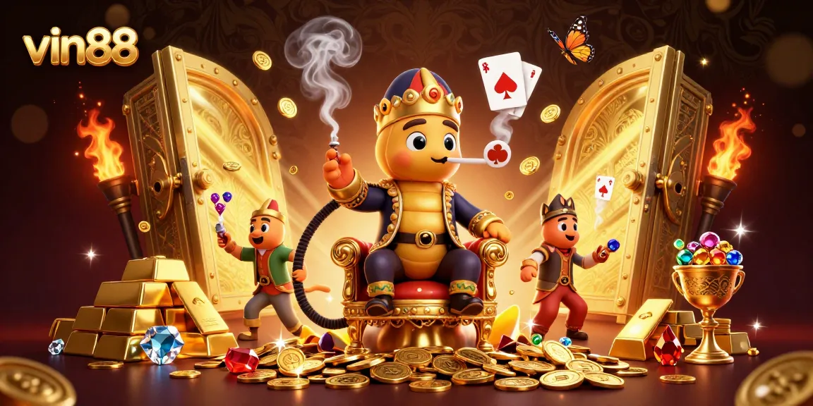 vin88 players discover thrilling gaming with a mystical caterpillar master surrounded by gold and treasures