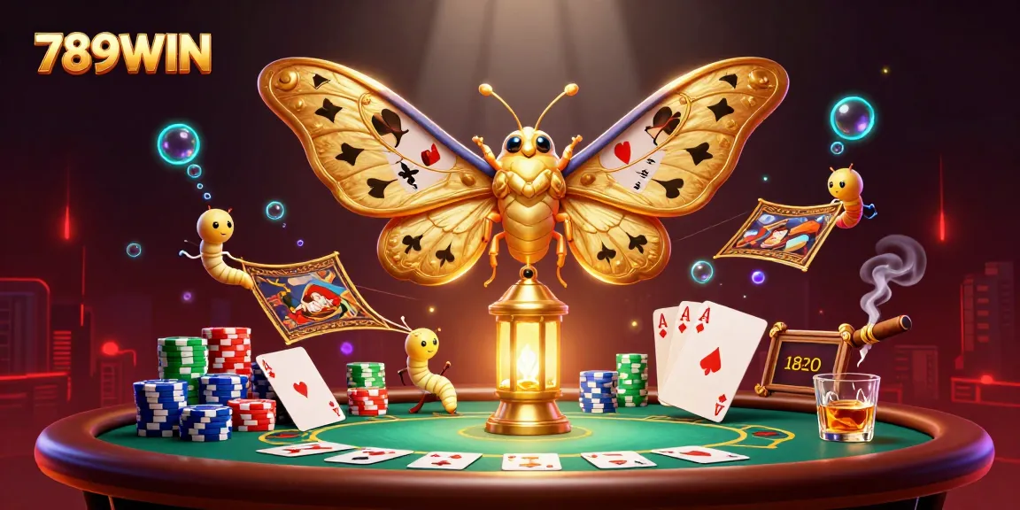 Engage with 789WIN's vibrant 3D casino scene featuring dynamic poker elements and golden moth motifs.