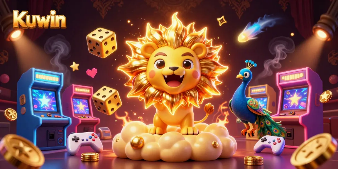 Kuwin shows the triumph of gambling with a sun lion surrounded by golden dice and arcade game elements.