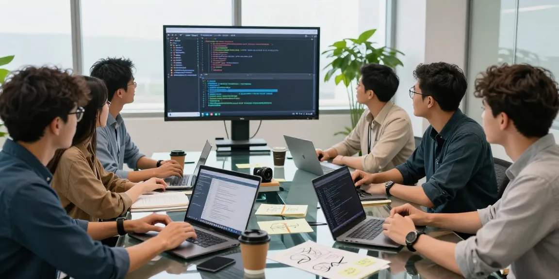 Tim pengembang perangkat lunak berdiskusi aktif dengan laptop dan catatan, delapantoto di ruang kerja modern.