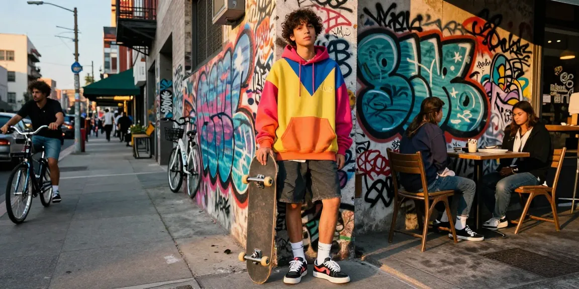 Stylish individual in oversized Vlone hoodie showcasing urban fashion against vibrant graffiti in a lively cityscape.